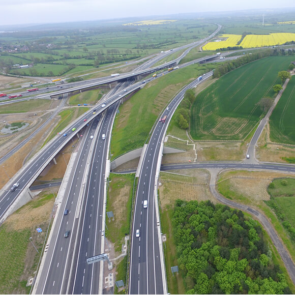 An aerial shot of the M1 Junction 19 Improvement Scheme